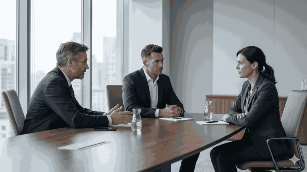 Corporate leaders resolving team conflict in a meeting room